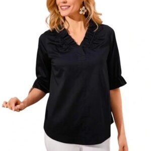 Soft Surroundings Black Glenna Notched Ruffle Neckline Blouse Top Shirt Size M